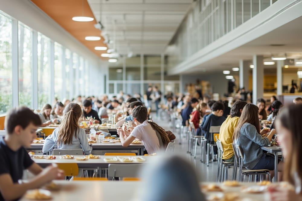 A large group of students in a school cafeteria.
