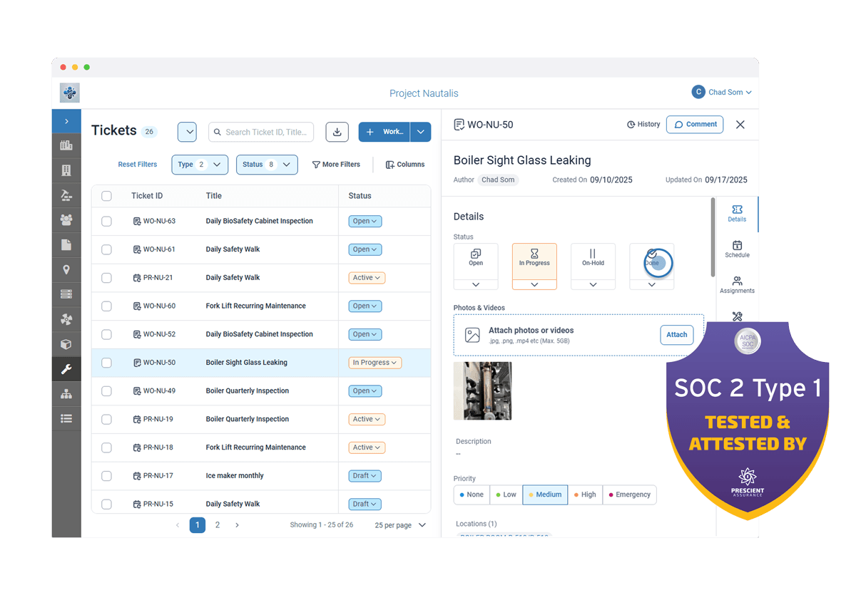 screenshot of vueops software with a SOC 2 Type 1 award badge overlayed