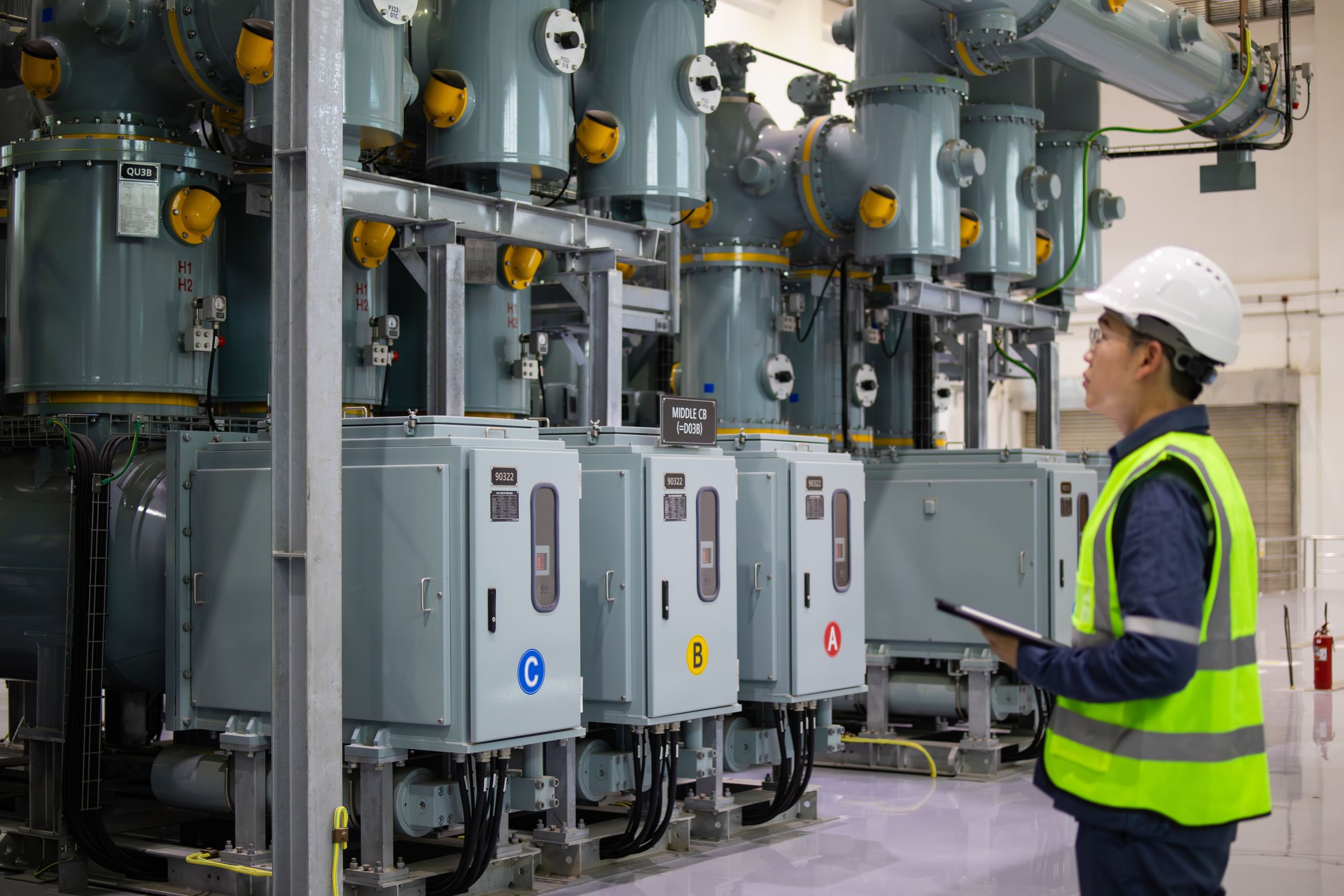 Facility engineer inspecting large electrical switchgear systems inside a utility room.