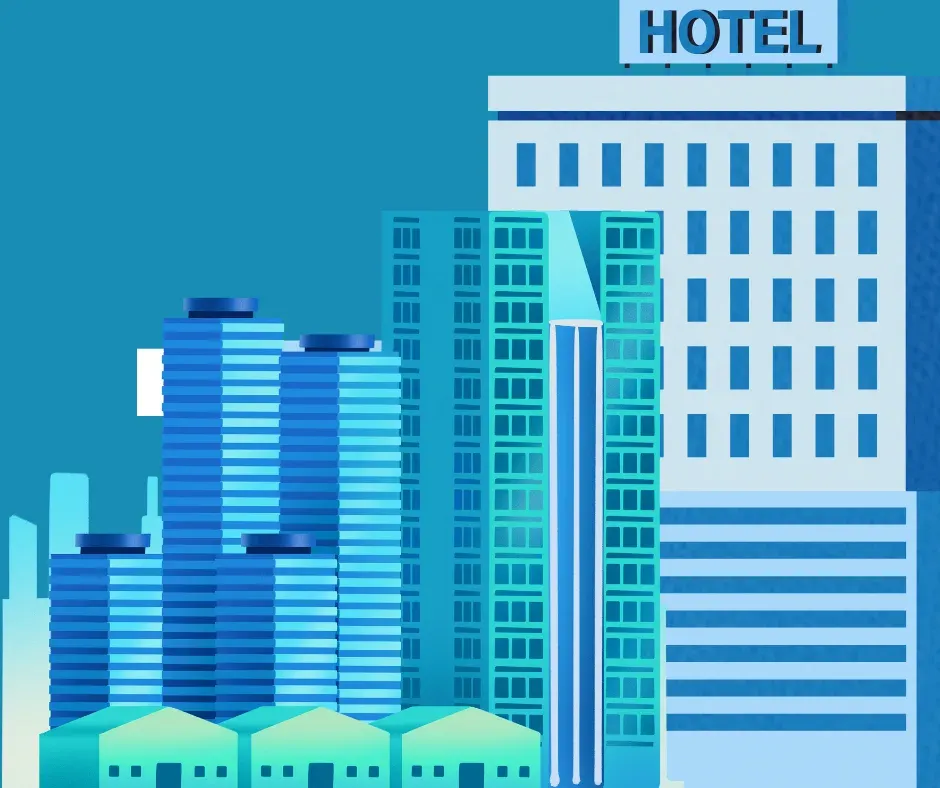 Illustration of city buildings and a hotel, representing commercial real estate and hospitality facilities.