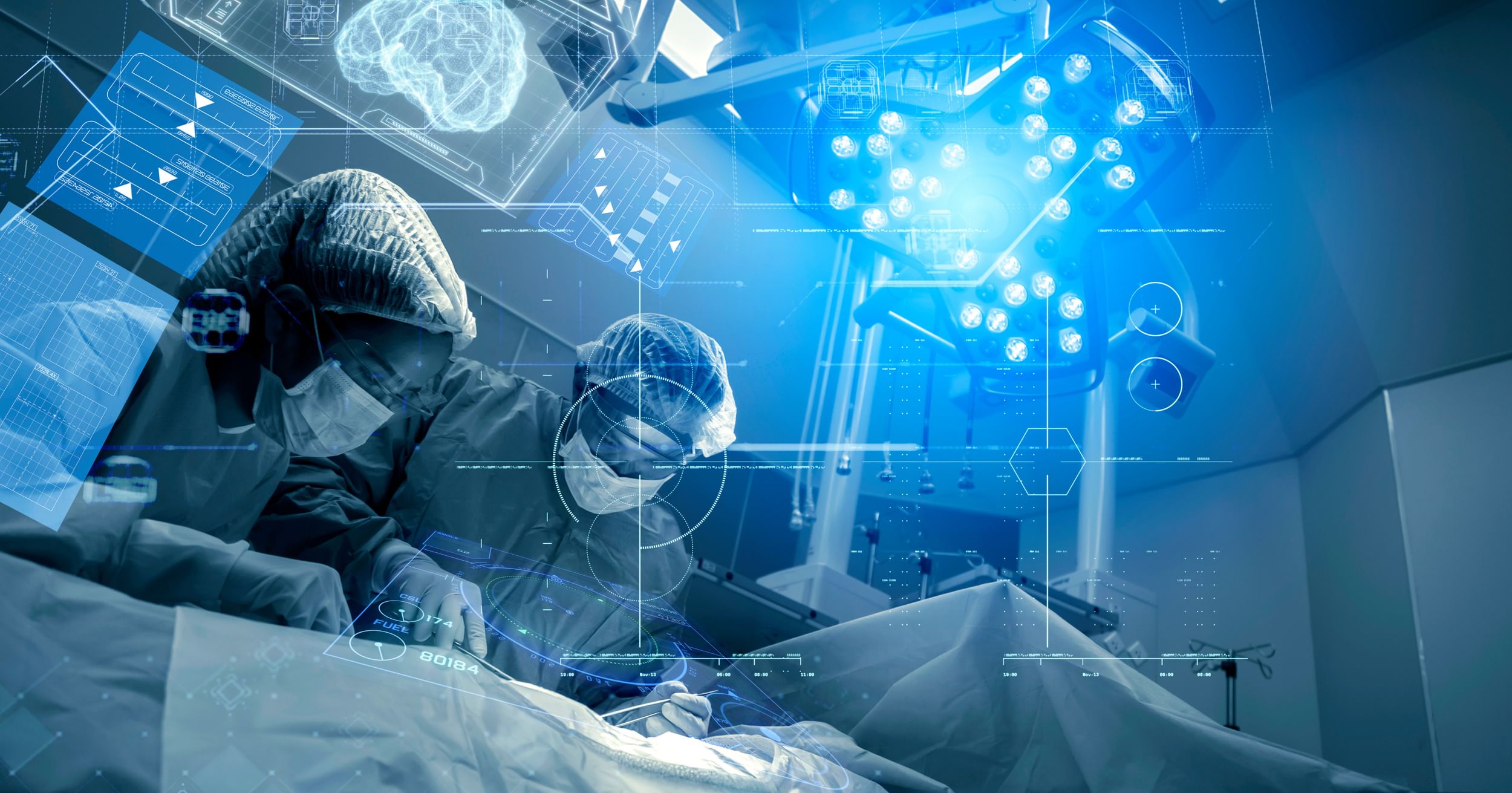 Doctors performing surgery in a high-tech operating room with digital overlays representing medical technology.
