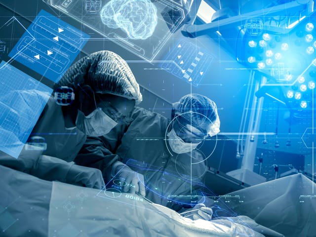 Doctors performing surgery in a high-tech operating room with digital overlays representing medical technology.