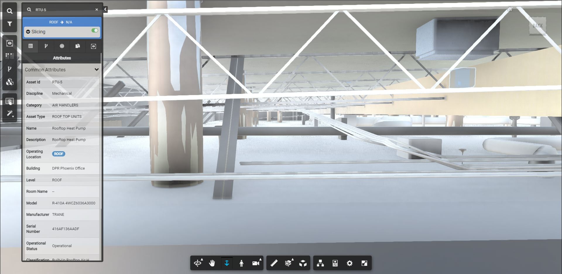 3D model interface showing a rooftop unit (RTU-5) with detailed asset information displayed in a side panel. The panel lists attributes including asset ID, discipline, category, asset type, operating location, building, model number, manufacturer, serial number, and operational status.