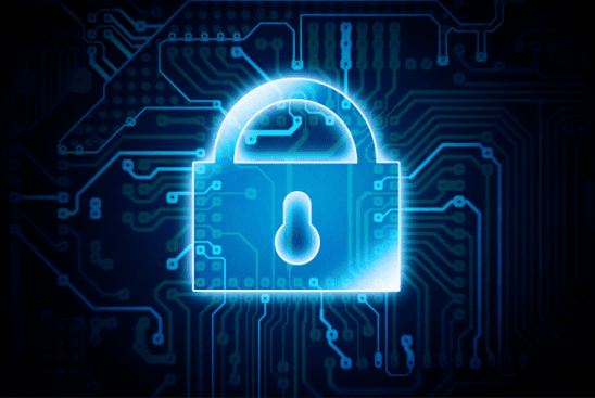 Glowing digital padlock icon over circuit board background representing cybersecurity and data protection.