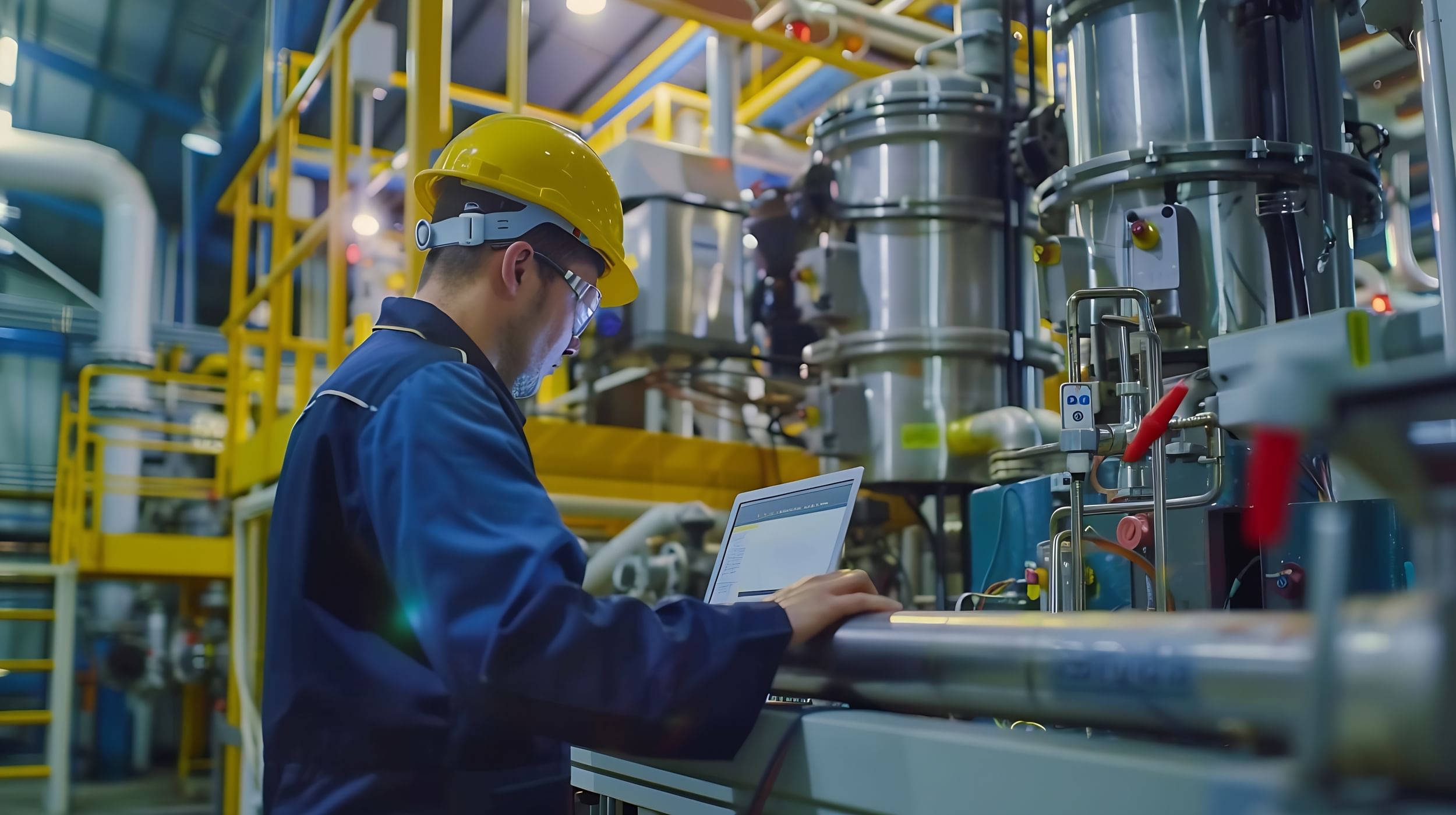 Facility technician using laptop to monitor and manage industrial equipment.