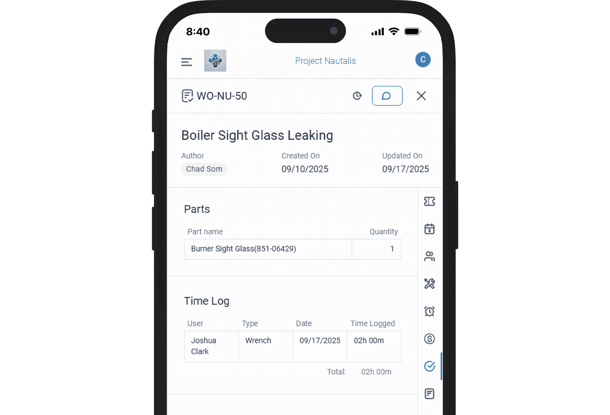 screenshot of time logging, parts and cost in vueops software