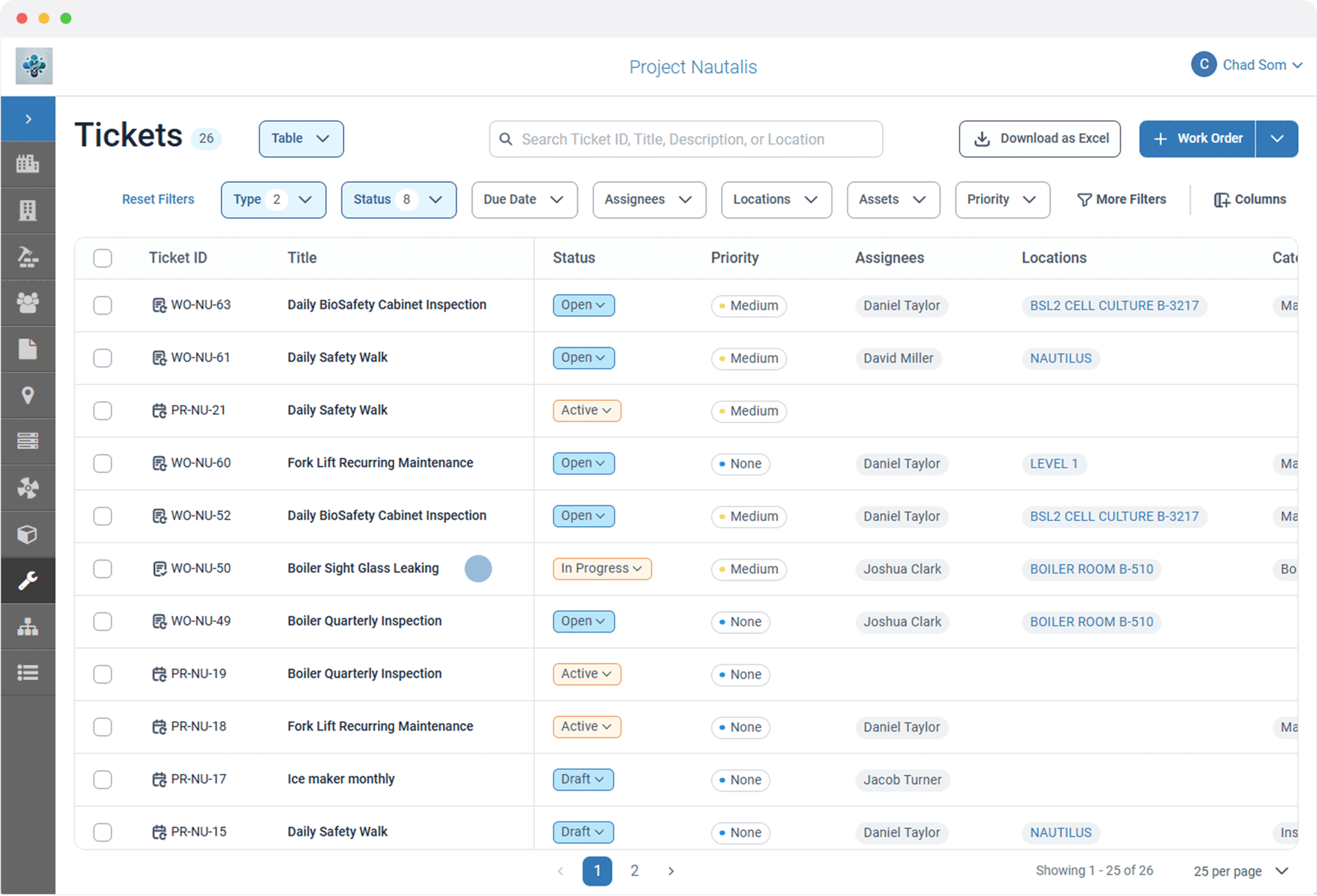screenshot of work orders in vueops software